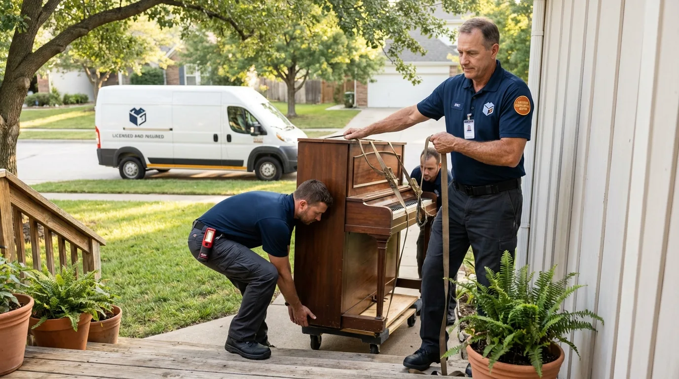 Licensed piano movers securing grand piano in Hawley, PA