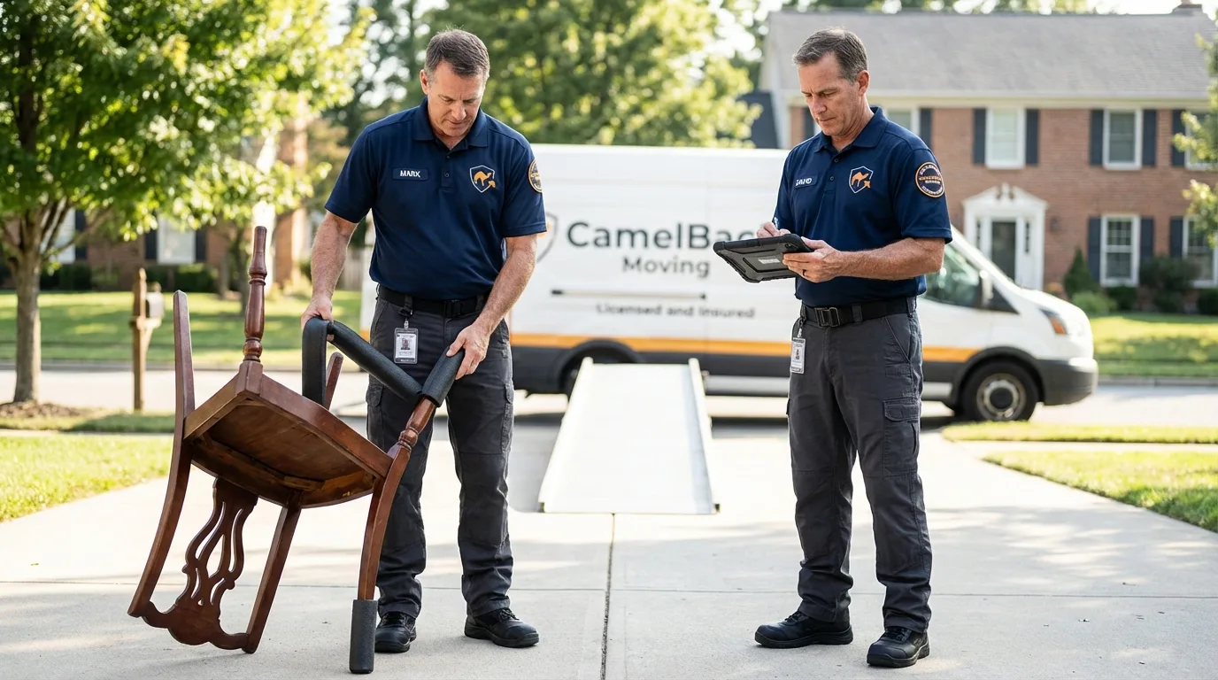 Movers inspecting furniture for damage prevention before loading in Hawley, PA