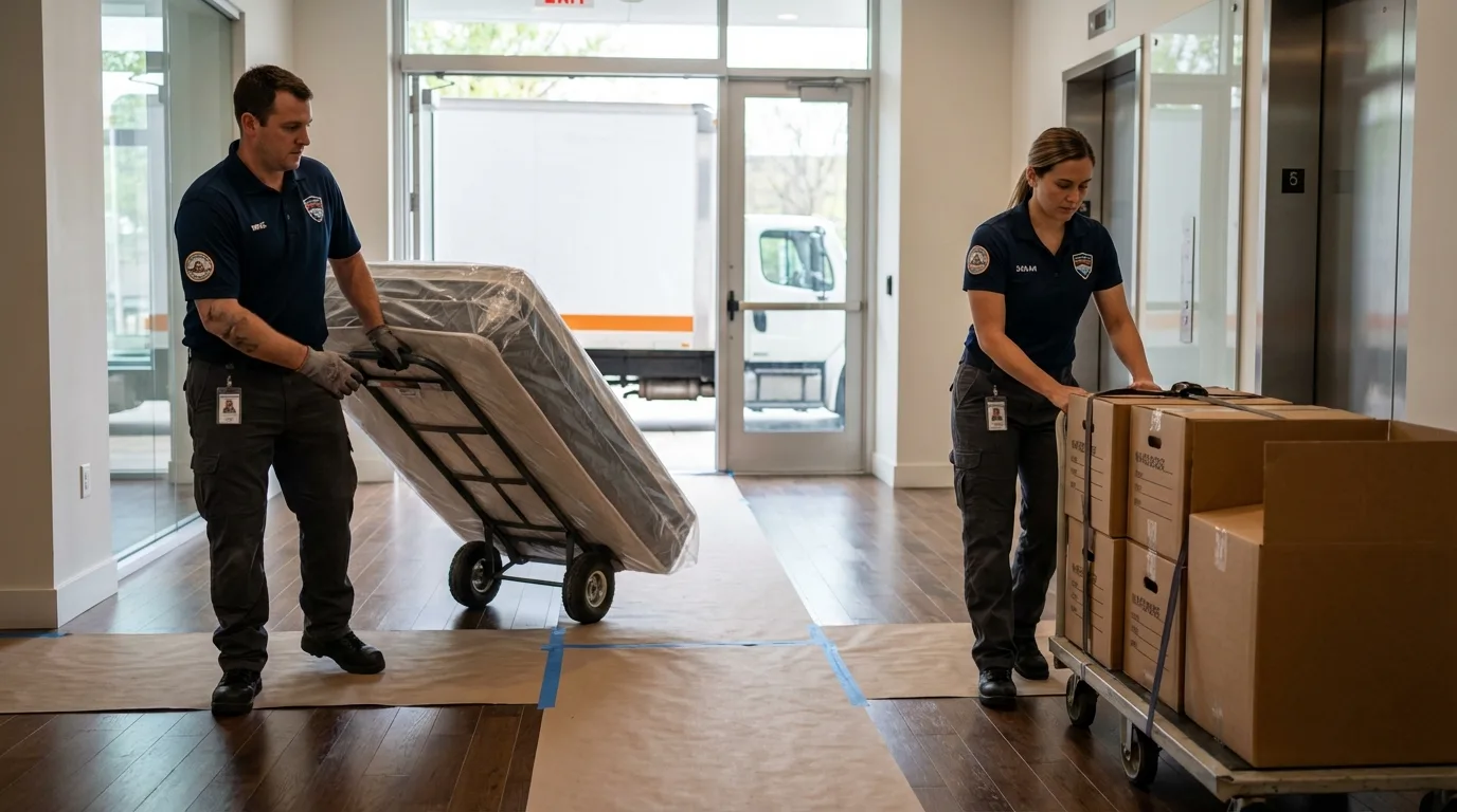 Professional apartment movers loading elevator in Hawley, PA